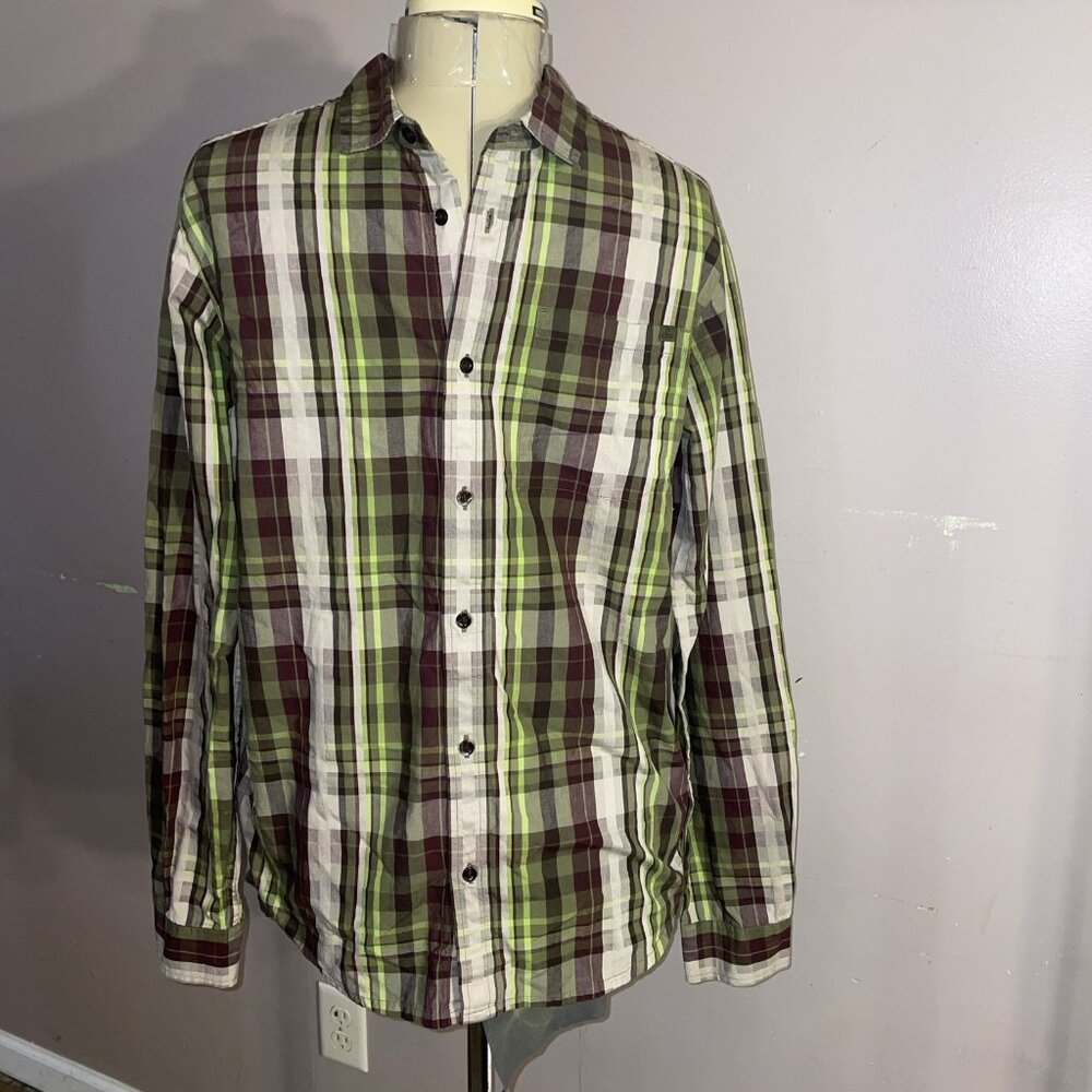 prAna Mens Buttton Up Plaid Shirt Green Burgundy 100% Organic Cotton Logo Sz M